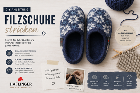 Filzschuhe stricken – Schritt-für-Schritt-Anleitung mit Größentabelle für Filzhausschuhe aus Wolle. Haflinger Blog mit DIY-Tipps zum Stricken und Filzen.