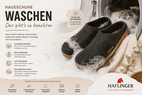 Infografik zum Waschen von Haflinger Hausschuhen aus Wollfilz mit Pflegehinweisen, Filzpantoffeln in der Waschmaschine und Tipps zur schonenden Reinigung bei 30 °C