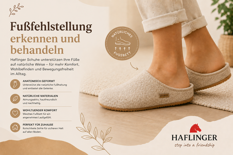 Fußfehlstellungen erkennen und behandeln – Haflinger Hausschuhe mit anatomischem Fußbett unterstützen die natürliche Fußhaltung und fördern Komfort sowie Fußgesundheit.