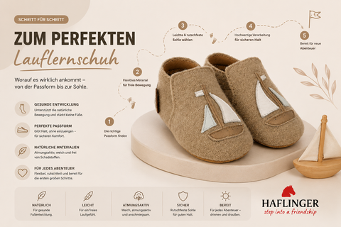 Perfekter Lauflernschuh für Babys – Haflinger Blog mit Tipps zu Passform, flexibler Sohle, natürlichen Materialien und gesunder Fußentwicklung.