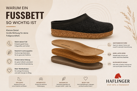 Warum ein Fußbett so wichtig ist – Haflinger Blog mit Grizzly Torben Hausschuh und anatomischem Kork-Latex-Fußbett für mehr Komfort, Unterstützung und gesunde Füße.