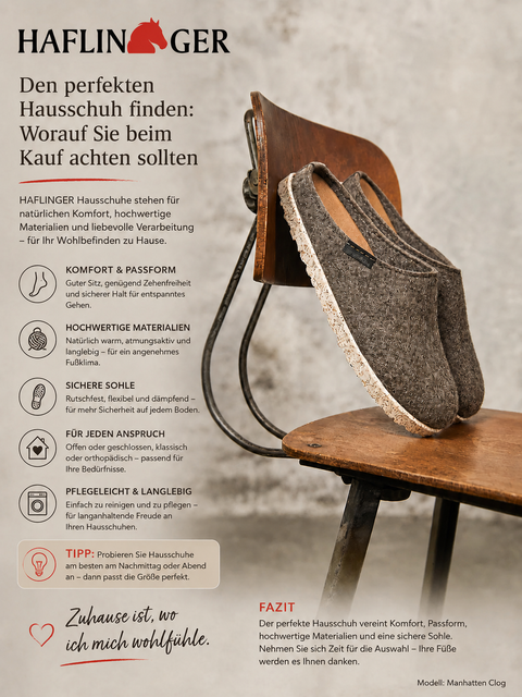 Haflinger Manhattan Clog Hausschuhe in Grau auf Holzstuhl mit Ratgeber zum Kauf des perfekten Hausschuhs