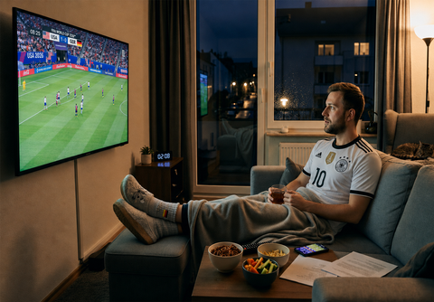 Mann auf Sofa mit weißem Deutschland Trikot und Haflinger Hausschuhen schaut WM 2026 Fußballspiel USA gegen Deutschland im Wohnzimmer bei Nacht