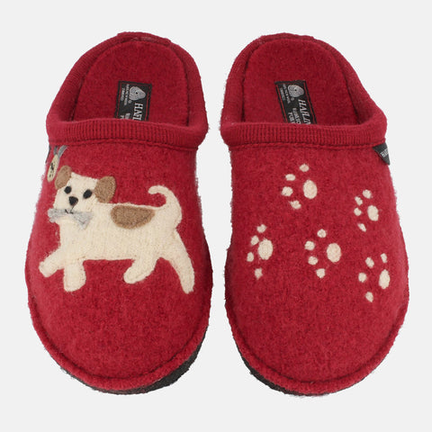 Haflinger Pantoffel Fido Rot (Paprika) aus Schurwolle mit Hundeapplikation und Filzsohle Vogelperspektive