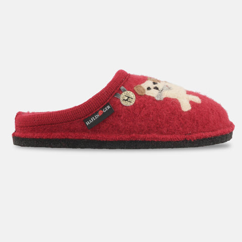 Haflinger Pantoffel Fido Rot (Paprika) aus Schurwolle mit Hundeapplikation und Filzsohle Seitenansicht 