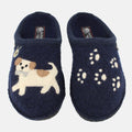 Haflinger Pantoffel Fido Blau (Mittelblau) aus Schurwolle mit Hundeapplikation und Filzsohle Vogelperspektive