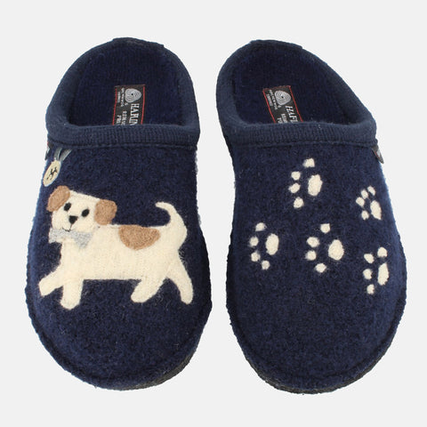 Haflinger Pantoffel Fido Blau (Mittelblau) aus Schurwolle mit Hundeapplikation und Filzsohle Vogelperspektive