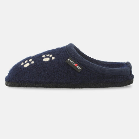 Haflinger Pantoffel Fido Blau (Mittelblau) aus Schurwolle mit Hundeapplikation und Filzsohle Seitenansicht 
