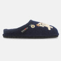 Haflinger Pantoffel Fido Blau (Mittelblau) aus Schurwolle mit Hundeapplikation und Filzsohle Seitenansicht 