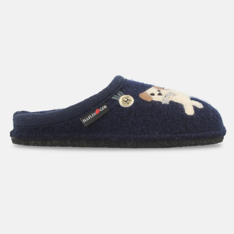 Haflinger Pantoffel Fido Blau (Mittelblau) aus Schurwolle mit Hundeapplikation und Filzsohle Seitenansicht 