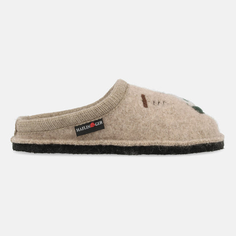 Haflinger Pantoffel Wine Time Beige (Beigemeliert Öko) aus Schurwolle mit Weinapplikation und Filzsohle Seitenansicht 