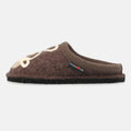 Haflinger Pantoffel Coffee Time Braun (Braunmeliert) aus Schurwolle mit Kaffeeapplikation und Filzsohle Seitenansicht 