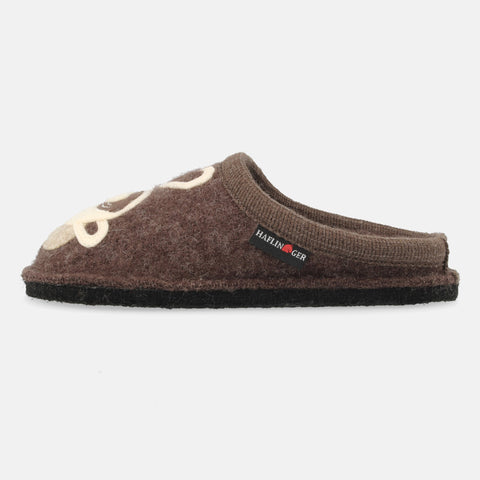 Haflinger Pantoffel Coffee Time Braun (Braunmeliert) aus Schurwolle mit Kaffeeapplikation und Filzsohle Seitenansicht 
