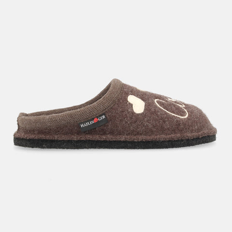 Haflinger Pantoffel Coffee Time Braun (Braunmeliert) aus Schurwolle mit Kaffeeapplikation und Filzsohle Seitenansicht 