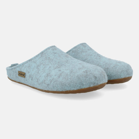 Haflinger Pantoffel Fundus in Hellblau (Eisblau) aus Filz mit Gummisohle Seitenansicht