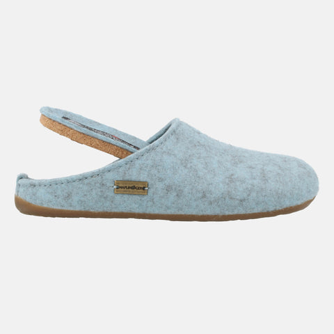 Haflinger Pantoffel Fundus in Hellblau (Eisblau) aus Filz mit Gummisohle Seitenansicht