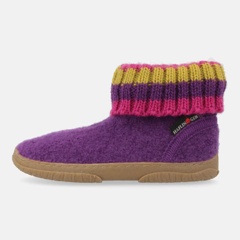 Haflinger Fidelius Jona in Violet (Viola) aus Walkstoff mit rutschfester Gummisohle Seitenansicht