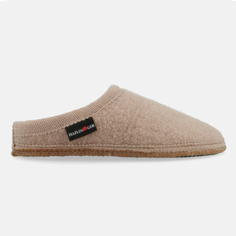 Haflinger Pantoffel Striped in Beige (Mandel) aus Walkstoff mit Filzsohle Seitenansicht