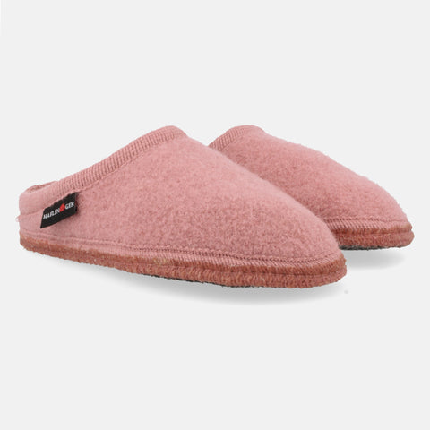Haflinger Pantoffel Striped in Pink (Rouge) aus Walkstoff mit Filzsohle Seitenansicht