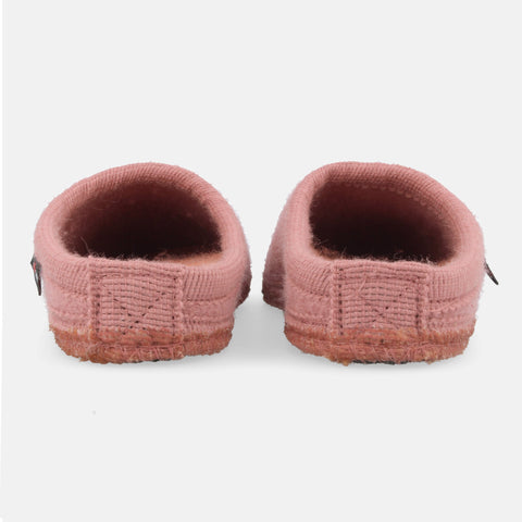 Haflinger Pantoffel Striped in Pink (Rouge) aus Walkstoff mit Filzsohle Hinteransicht