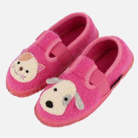 Haflinger Slipper Pets in Rosa (Bonbon) aus reiner Schurwolle mit Filzsohle Seitenansicht