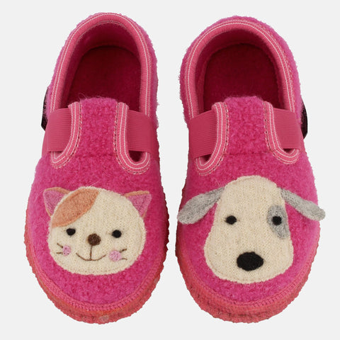 Haflinger Slipper Pets in Rosa (Bonbon) aus reiner Schurwolle mit Filzsohle Vogelperspektive