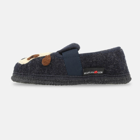 Haflinger Slipper Pets in Blau (Kapitän) aus reiner Schurwolle mit Filzsohle Seitenansicht