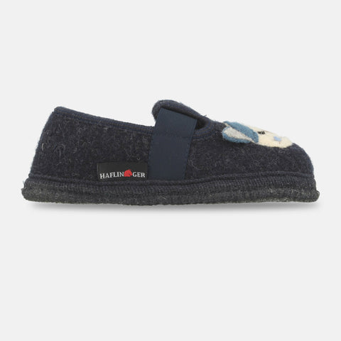Haflinger Slipper Pets in Blau (Kapitän) aus reiner Schurwolle mit Filzsohle Seitenansicht
