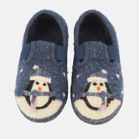 Haflinger Slipper Pinguin in Blau (Jeans) aus reiner Schurwolle mit Filzsohle Vogelperspektive