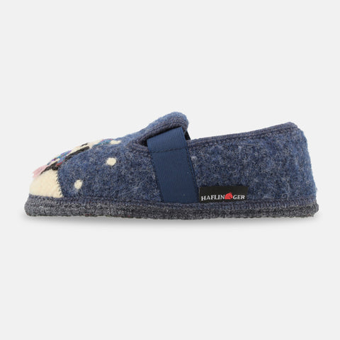 Haflinger Slipper Pinguin in Blau (Jeans) aus reiner Schurwolle mit Filzsohle Seitenansicht