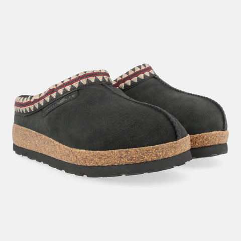 Haflinger Lammfellclog Lakota in Schwarz aus Lammfell mit stylischer Borte und EVA-Sohlen Seitenansicht