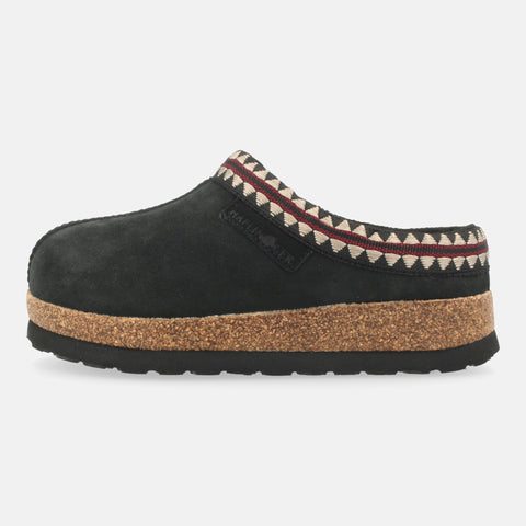 Haflinger Lammfellclog Lakota in Schwarz aus Lammfell mit stylischer Borte und EVA-Sohlen Seitenansicht