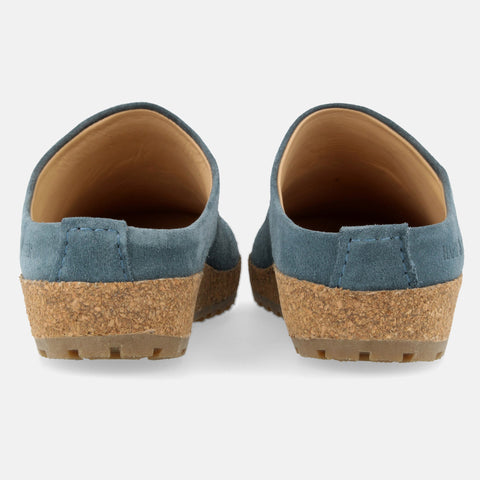 Haflinger Lederclog Malmö in Blau (Jeans) aus Leder mit weichem Fußbett perfekt für drinnen und draußen Hinteransicht