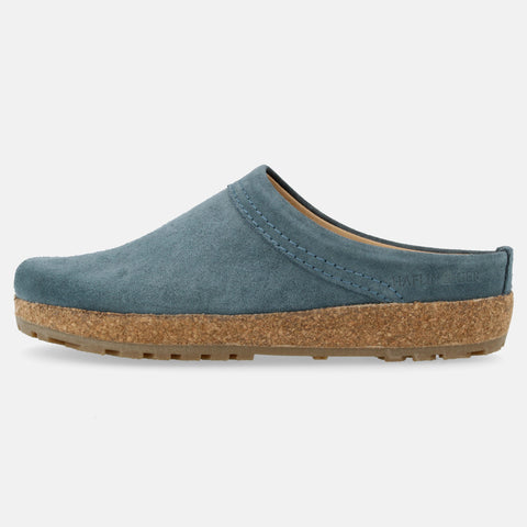 Haflinger Lederclog Malmö in Blau (Jeans) aus Leder mit weichem Fußbett perfekt für drinnen und draußen Seitenansicht