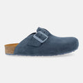 Haflinger Clog Porto in Blau (Jeans) aus Leder mit Korkfußbett und verstellbarer Schnalle Seitenansicht