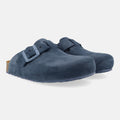 Haflinger Clog Porto in Blau (Jeans) aus Leder mit Korkfußbett und verstellbarer Schnalle Seitenansicht