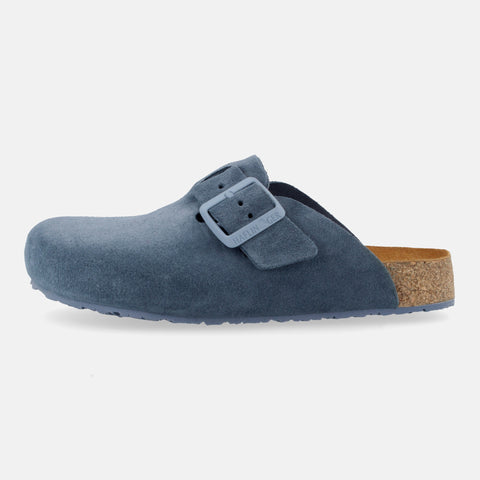Haflinger Clog Porto in Blau (Jeans) aus Leder mit Korkfußbett und verstellbarer Schnalle Seitenansicht
