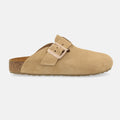 Haflinger Clog Porto in Beige (Cappuccino) aus Leder mit Korkfußbett und verstellbarer Schnalle Seitenansicht