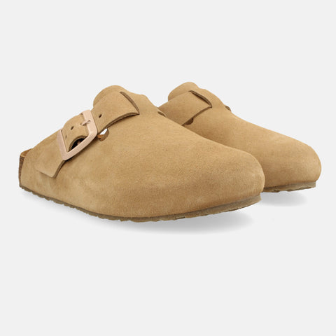 Haflinger Clog Porto in Beige (Cappuccino) aus Leder mit Korkfußbett und verstellbarer Schnalle Seitenansicht