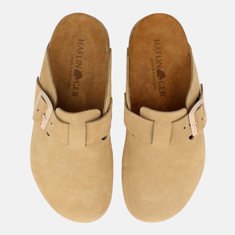 Haflinger Clog Porto in Beige (Cappuccino) aus Leder mit Korkfußbett und verstellbarer Schnalle Vogelperspektive