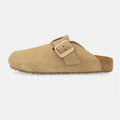 Haflinger Clog Porto in Beige (Cappuccino) aus Leder mit Korkfußbett und verstellbarer Schnalle Seitenansicht