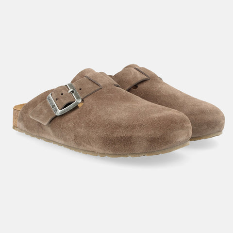 Haflinger Clog Porto in Hellbraun (Greige) aus Leder mit Korkfußbett und verstellbarer Schnalle Seitenansicht