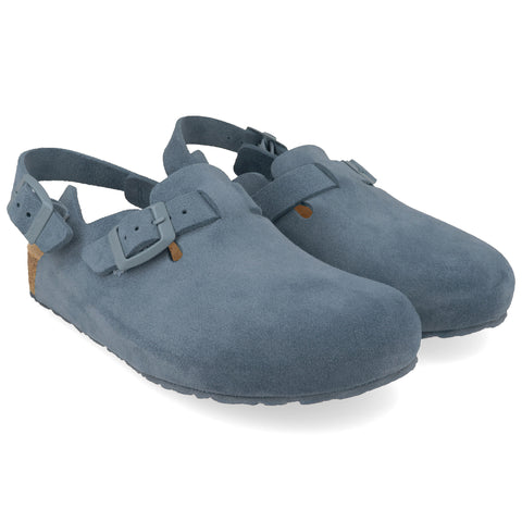 Haflinger Clog Faro Blau (Jeans) aus Leder mit Korkfußbett und verstellbaren Schnallen Seitenansicht