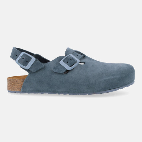Haflinger Clog Faro Blau (Jeans) aus Leder mit Korkfußbett und verstellbaren Schnallen Seitenansicht