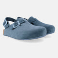 Haflinger Clog Faro Blau (Jeans) aus Leder mit Korkfußbett und verstellbaren Schnallen Seitenansicht