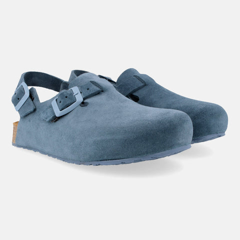 Haflinger Clog Faro Blau (Jeans) aus Leder mit Korkfußbett und verstellbaren Schnallen Seitenansicht