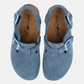 Haflinger Clog Faro Blau (Jeans) aus Leder mit Korkfußbett und verstellbaren Schnallen Vogelperspektive