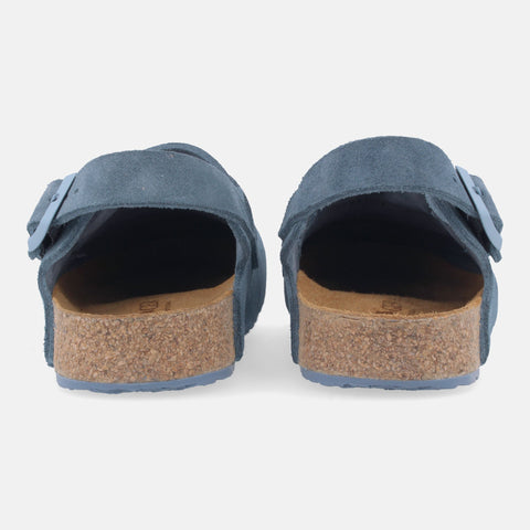 Haflinger Clog Faro Blau (Jeans) aus Leder mit Korkfußbett und verstellbaren Schnallen Hinteransicht