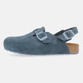 Haflinger Clog Faro Blau (Jeans) aus Leder mit Korkfußbett und verstellbaren Schnallen Seitenansicht