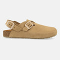 Haflinger Clog Faro Beige (Cappuccino) aus Leder mit Korkfußbett und verstellbaren Schnallen Seitenansicht